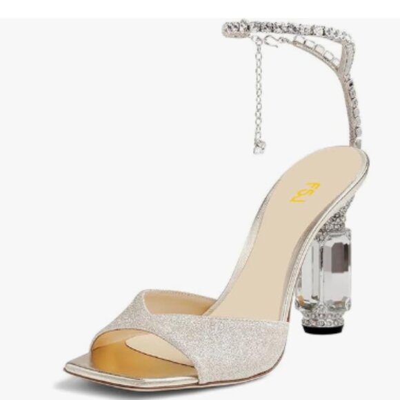 FSJ Champagne Glitter Open Toe Sandals Crystal Chain Ankle Strap Rhinestone Shoe - Picture 1 of 8